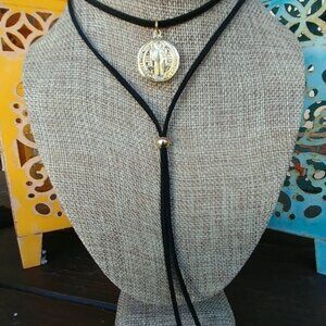 Gold Saint Benedict Medal on Black Suede — Everyday Protection Necklace